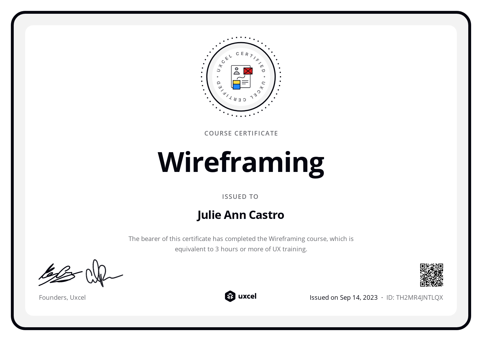 Julie Ann Castro's certificate